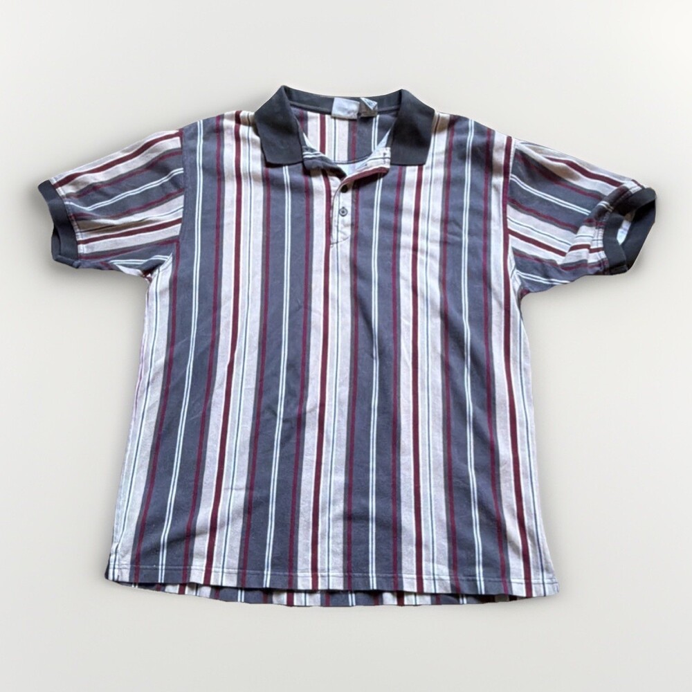 Bugle Boy Men's XL Striped Polo Shirt Gray Burgundy White 100% Cotton